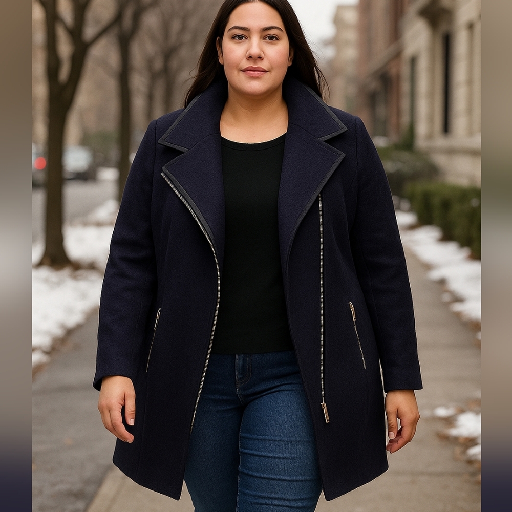 Tahari Elaine XXL Wool Blend Pea Coat Navy Asymmetrical Zip Collar Office - Picture 2 of 16